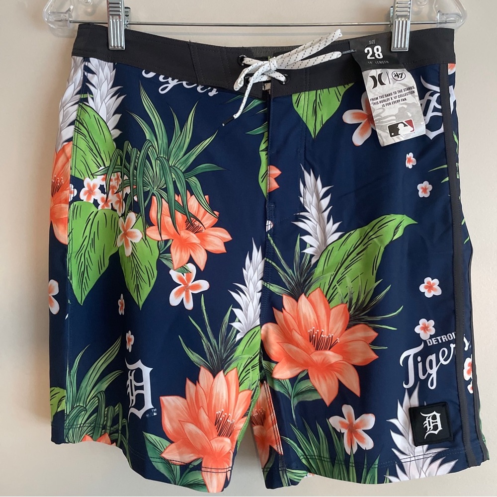 Mens MLB Detroit Tigers Sz 28 Blue Hurley X Surf Volley Tropics 18”L Swim Shorts
